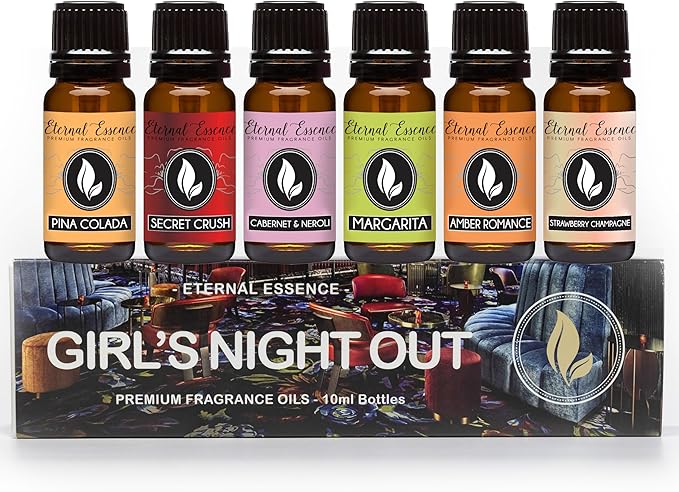 Eternal Essence Oils Girl's Night Out Set of 6 Premium Fragrance Oils - Includes Strawberry Champagne, Pina Colada, Secret Crush, Margarita, Amber Romance, and Cabernet & Neroli Scented Oils - 10ML