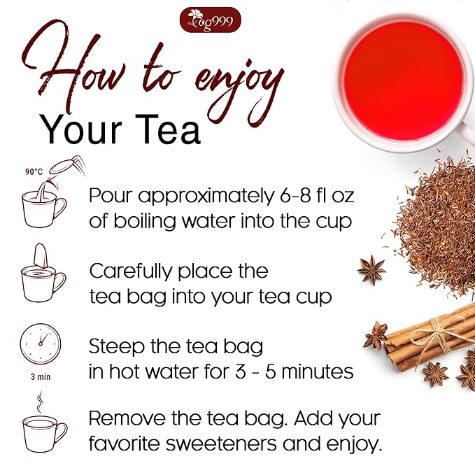 TOG999, 135 Premium Red Rooibos Tea Bags, 100% Natural & Pure from Rooibos Tea Leaves. Loose Leaf Rooibos Herbal Tea. Made with Natural Material Tea Bags. No Sugar, No Caffeine, No Gluten, Vegan.