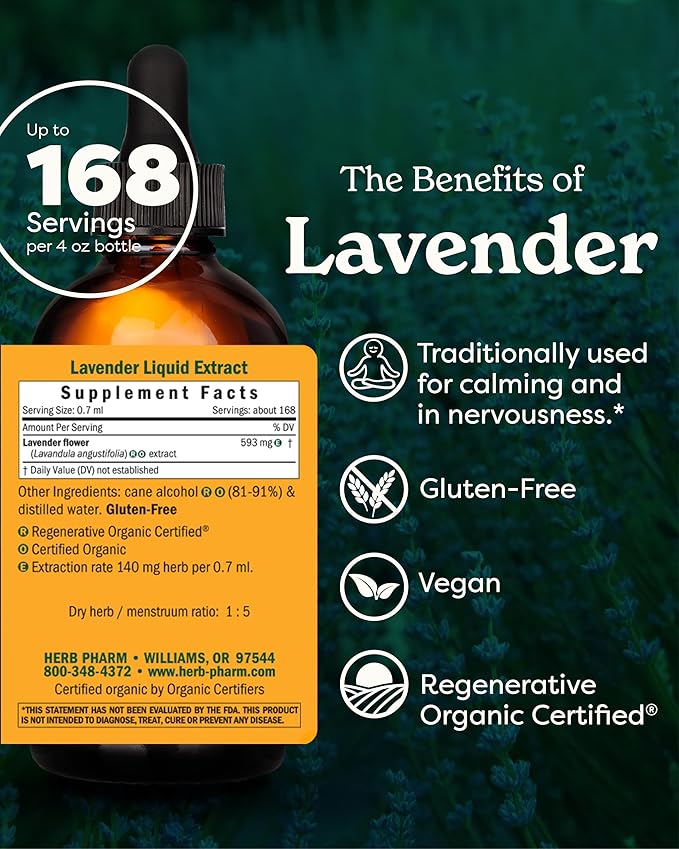 Herb Pharm Certified Organic Lavender Flower Liquid Extract for Calming Nervous System Support - 4 Ounce