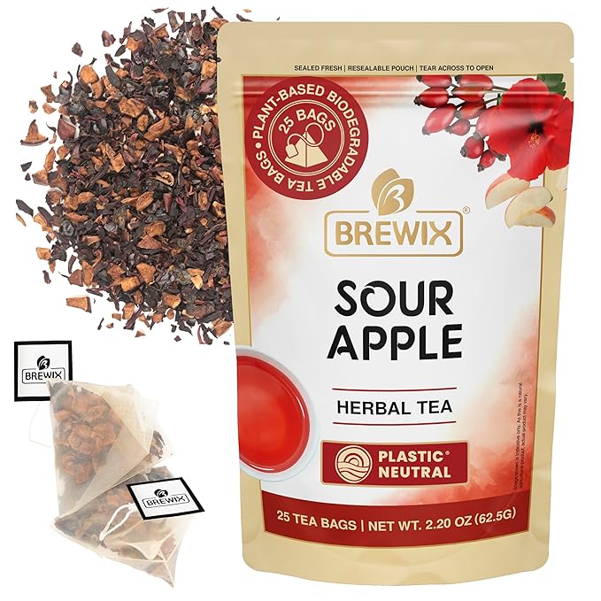 BREWIX, Sour Apple Hibiscus Tea Bags (25 Pyramid Tea Bags) Caffeine-Free Herbal Tea | Apple, Hibiscus, Rosehip | Refreshing Wellness Brew for Any Mood | Hot or Iced Refreshment