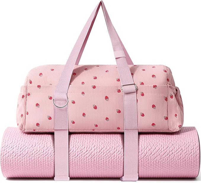 Hihealer Strawberry Gym Bag for Women & Girls, Corduroy Yoga Mat Bag with Holder, Large Capacity Dance Duffel Bag for Pilates, Travel Weekender Bag with Wet Pocket
