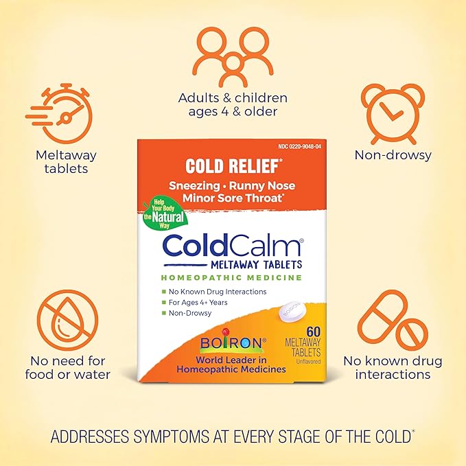 Boiron ColdCalm Tabs - 100 Count for Relief of Common Cold Symptoms Such as Sneezing, Runny Nose, Sore Throat, and Nasal Congestion - Non-Drowsy Cold Calm Meltaway Tablets