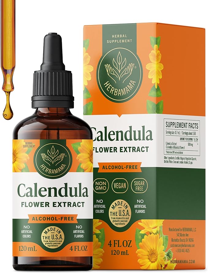 HERBAMAMA Calendula Tincture - Vegan Antioxidant & Detox Support with Calendula Herb Extract Drops - Non-GMO, Alcohol & Sugar-Free Liquid Supplement, 84-Day Supply