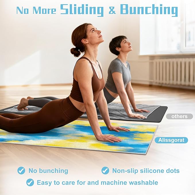 alissgorat Yoga Mat Towel,Hot Yoga Towel High-Definition Pattern,Machine Washable with Ultra-Absorbent Yoga Towels for Hot Yoga Non Slip for Fitness,Exercise,Pilates,72 x 27 in,Blue & Yellow