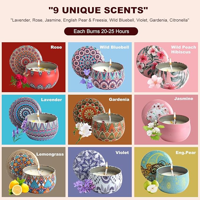 9-Piece Scented Candles for Home │ Soy Wax Aromatherapy Set with Lavender, Rose, Jasmine, etc. Plant Essential Oils & Dried Flowers │ Birthday Gifts for Women, Yoga, Mother's Day,Relaxation & Healing