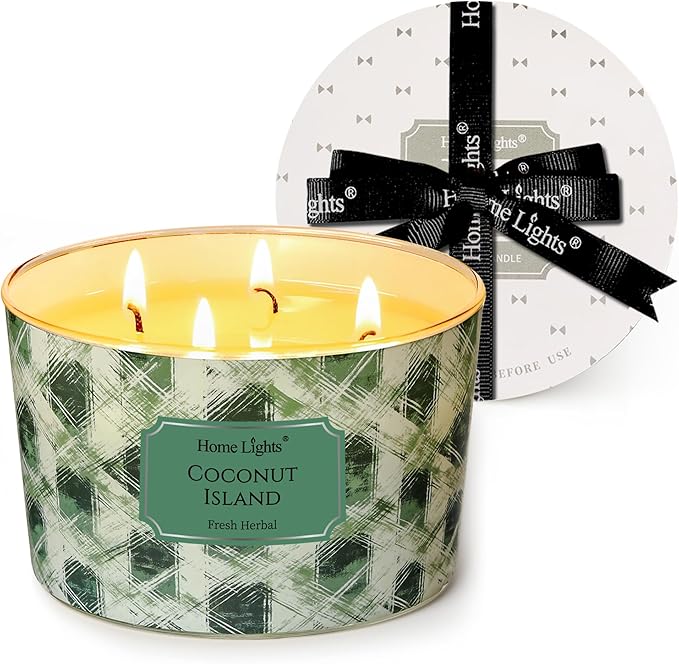 HomeLights 4-Wick Candles for Home Scented - 18oz Soy Wax Blend Candle Long-Lasting Fragrance, Scandinavian Minimalist Design Home Decor and Housewarming Gifts, Coconut Island