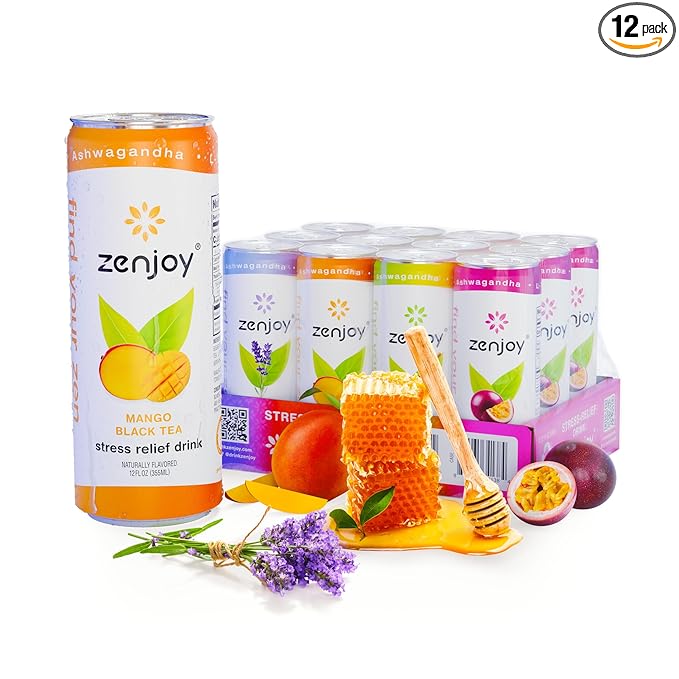 Zenjoy Stress Relief Drink, Calming Green Tea & Black Tea, Non Alcoholic, Ashwagandha & Lemon Balm for Stress Relief, L - Theanine (Variety) (12 Pack)