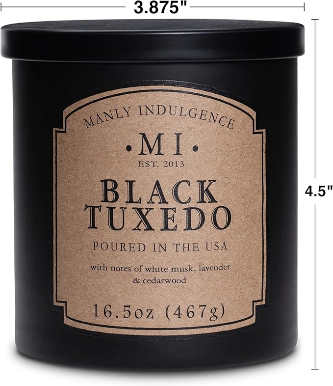 Manly Indulgence Black Tuxedo Jar Candle 16.5 oz - White Musk, Lavender, Cedarwood, Jasmine & Earthy Orris - Up to 60 Hour Burn - Soy Blend Wax, USA Poured