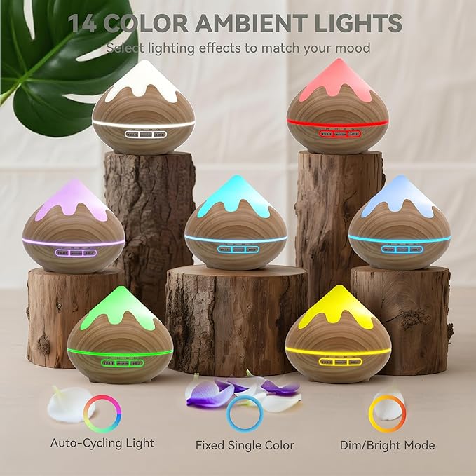 Essential Oil Diffuser for Home 500ML, Ultrasonic Large Diffuser Oil Machine with Remote Control, Aromatherapy Diffusers for Home Office Room, Aroma Diffuser with 14 Color LED & 2 Mist Mode, Brown