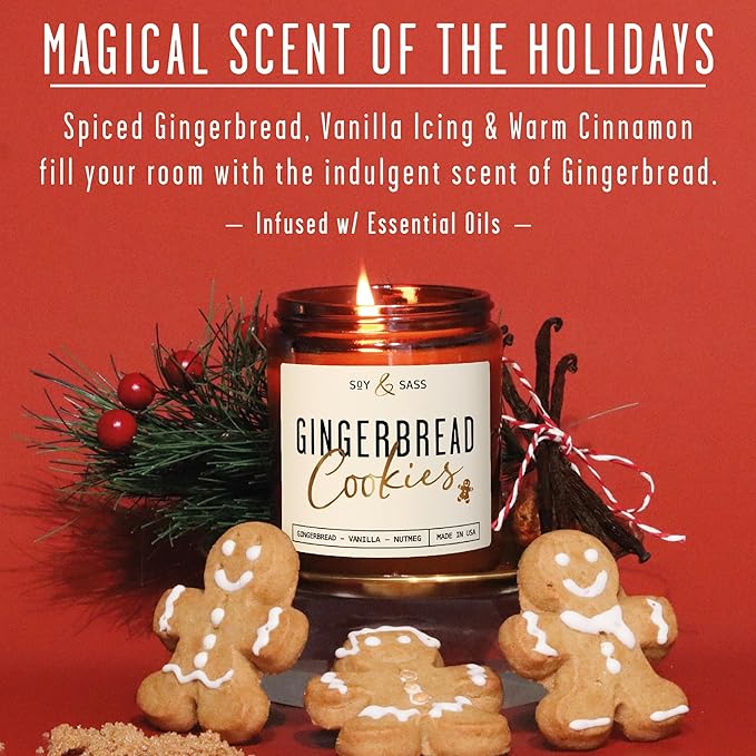Gingerbread Candle, Christmas Candles Scented – ‘Gingerbread Cookies’ Soy Candle, w/Gingerbread, Cinnamon & Vanilla - Infused with Essential Oils I 9oz, 50Hr, Made in USA
