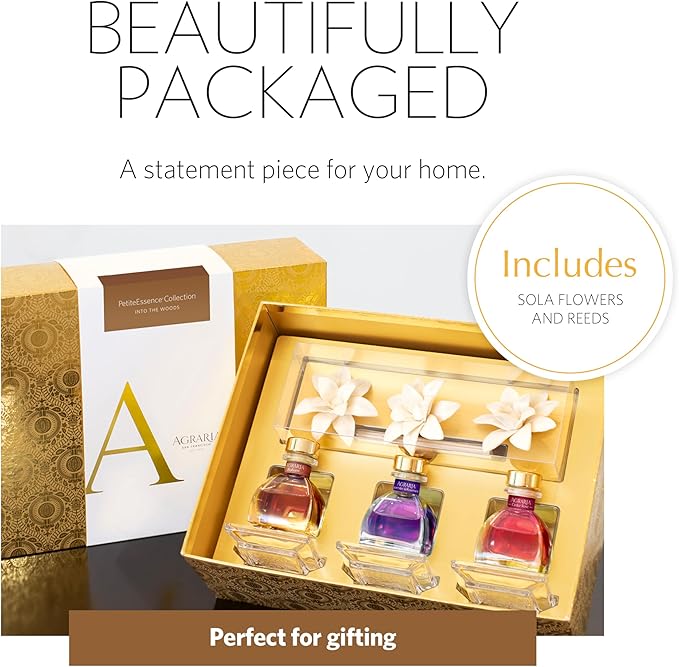 AGRARIA Into The Woods PetiteEssence Collection, Handmade Sola Flower Reed Diffuser Set of 3, Luxury Home Fragrance Scented Oil Diffuser Gift Set