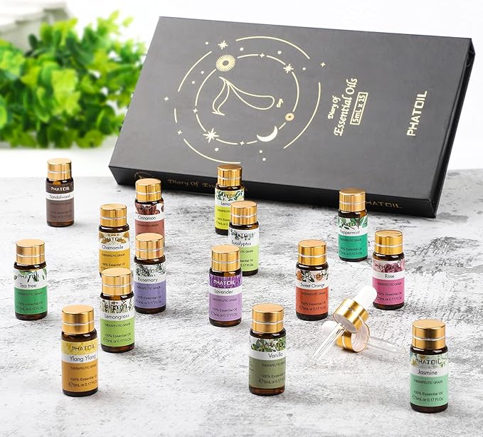 PHATOIL 15PCS Essential Oils Gift Set - Premium Quality 100% Natural Pure Essential Oils for Aromatherapy Diffuser Yoga Home Office Soap Candle Making- 5ml/Bottle