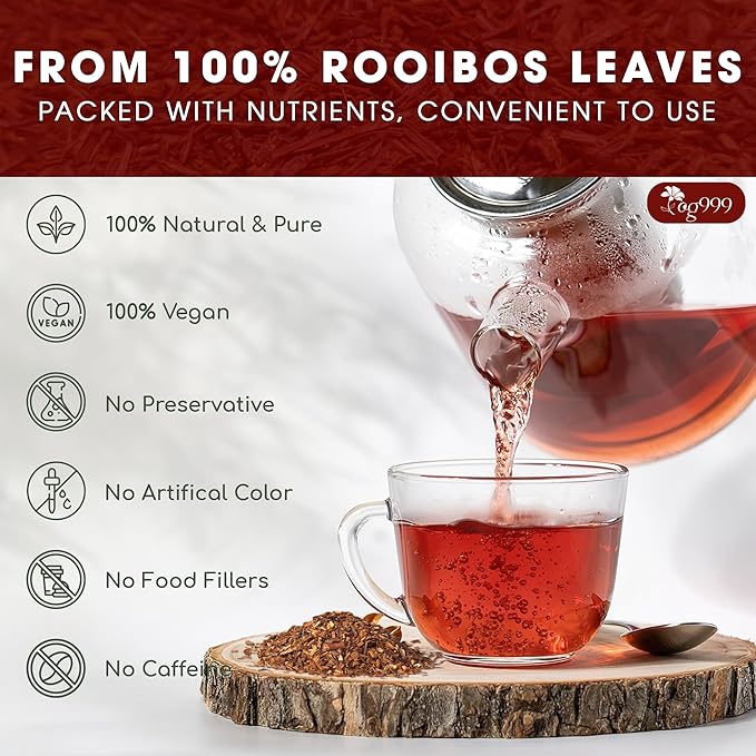 TOG999, Premium 60 Red Rooibos Tea Bags, 100% Natural & Pure from Rooibos Tea Leaves. Loose Leaf Rooibos Herbal Tea. Made with Natural Material Tea Bags. No Sugar, No Caffeine, No Gluten, Vegan.