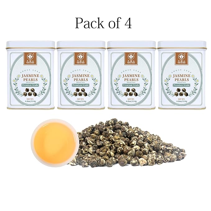 TIAN HU SHAN Jasmine Dragon Pearls Green Tea Loose Leaf 4 Ounce (Pack of 4) 114g*4tins