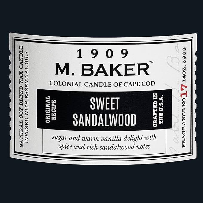 Colonial Candle Sweet Sandalwood Scented Jar Candle | 2-Wick Natural Soy Blend Wax Candle for Home | Relaxing Aromatherapy Candle Infused with Essential Oils | M. Baker Apothecary Glass Jar Candle