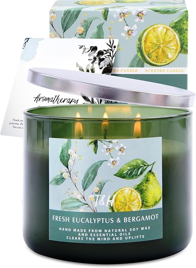 Eucalyptus & Bergamot 3-Wick Soy Scented Candle, 15.8 oz Large | Spa Fresh Scented Candle for Home | Aromatherapy Eucalyptus Candle | Housewarming Gift
