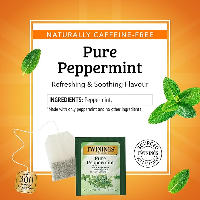 Twinings Pure Peppermint Herbal Tea Individually Wrapped Bags, 20 Count (Pack of 1), Fresh Minty Flavour, Naturally Caffeine-Free, Enjoy Hot or Iced, 20 Teabags