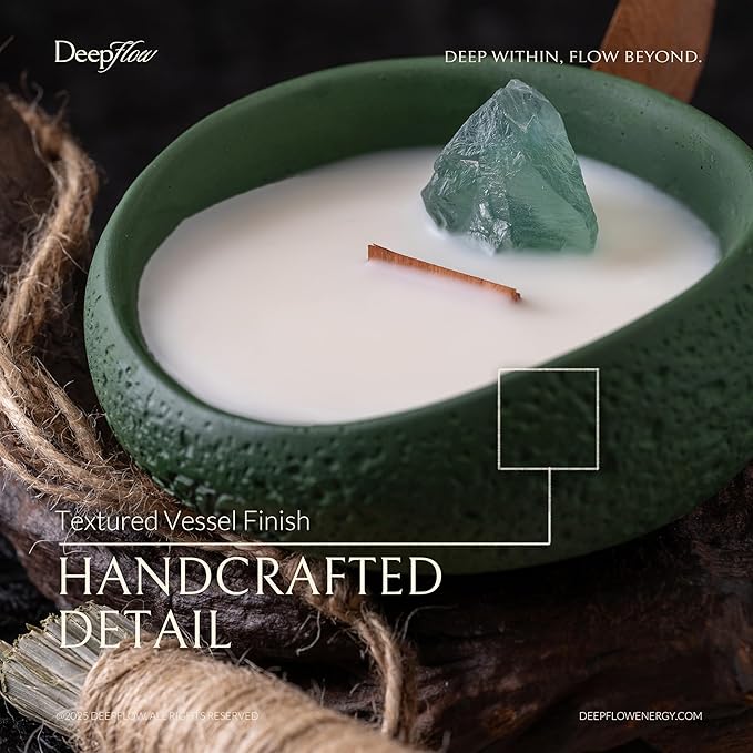 Simple Deluxe Aromatherapy Candle with Green Calcite Crystal & Wood Wick | Rose & Myrrh Scented Candle 2.5 oz Soy Wax with Ritual Paper and Cinnabar for Spiritual Cleansing, Emotional Healing
