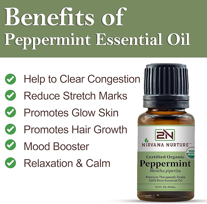 Peppermint Essential Oil USDA Certified Organic 100% Pure Premium Therapeutic Grade, Undiluted - Aromatherapy Diffuser for Calm and Relaxation, Skin Care, Hair Care
