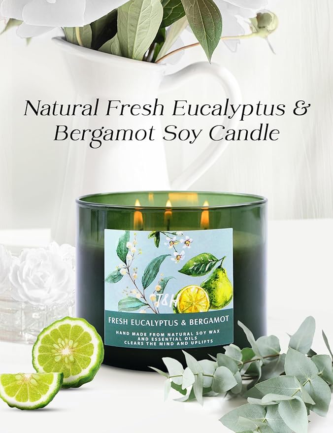 Eucalyptus & Bergamot 3-Wick Soy Scented Candle, 15.8 oz Large | Spa Fresh Scented Candle for Home | Aromatherapy Eucalyptus Candle | Housewarming Gift