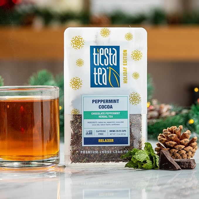 Tiesta Tea Cozy Peppermint Cocoa, Premium Loose Leaf Blends, Chocolate Peppermint Herbal Tea, Caffeine-Free, Holiday Blend, Holiday Edition, Hot or Iced Brew, Up to 25 Cups, 1.5oz Resealable Pouch