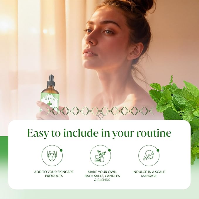 Siva Peppermint Arvensis Essential Oil - 4 Fl Oz – 100% Natural Peppermint Arvensis Oil - for Diffuser, Face, Skin Care, Aromatherapy, Hair Care, Scalp and Body Massage - with Dropper