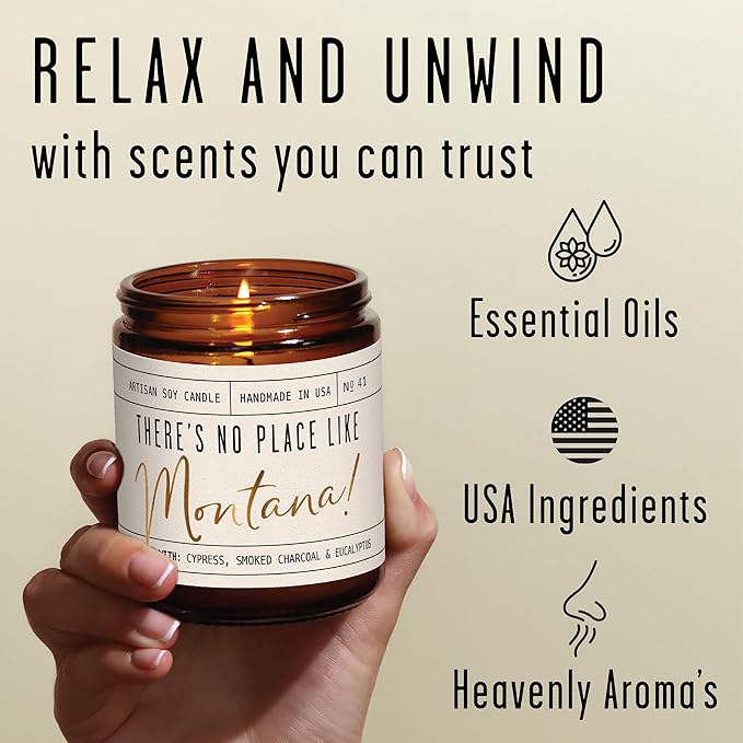 Montana Gifts, Montana Decor for Home - 'There's No Place Like Montana Candle, w/Cypress, Eucalyptus & Smoke I Montana Souvenirs I Montana State Gifts I 9oz Jar, 50Hr Burn, USA Made