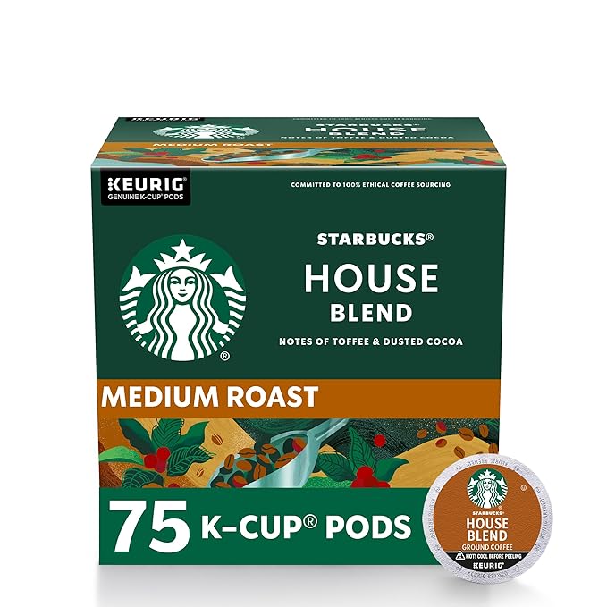 Starbucks K-Cup Coffee Pods, Medium Roast, House Blend for Keurig Coffee Makers, 100% Arabica, 1 Box (75 Pods)