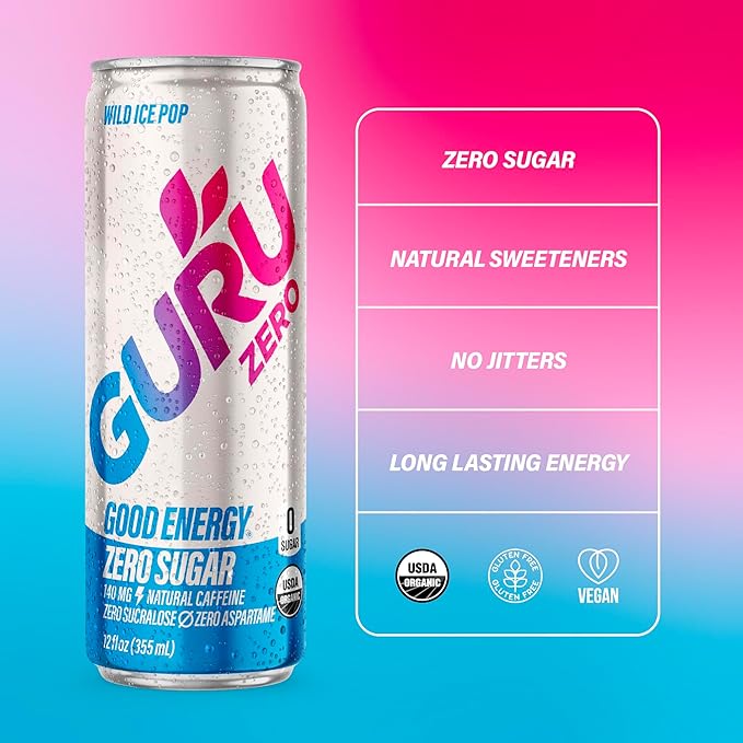 GURU ZERO SUGAR Wild Ice Pop Organic Energy Drinks, Clean Energy Drink with Plant Based Natural Caffeine from Green Tea, Coconut Water, Prebiotic, Zero Added sugars, Gluten Free and Vegan, Pre Workout, Healthy Drinks, 12oz (Pack of 24)