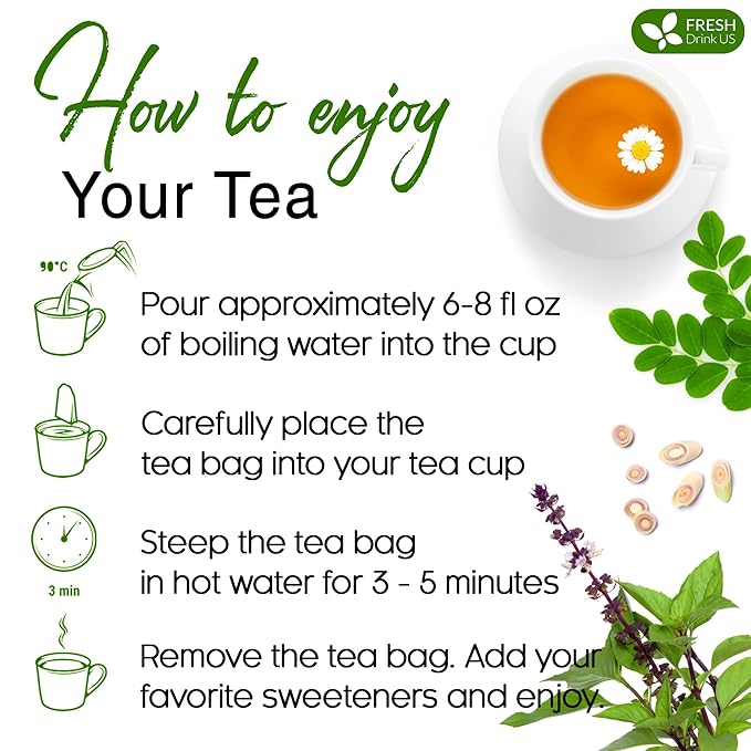 FreshDrinkUS, Premium 55 Tea Bags Tulsi Moringa Lemongrass, 100% Natural & Pure from Tulsi Holy Basil Leaves, Moringa & Lemongrass. Made with Natural Material Tea Bags. No Sugar, No Caffeine, Vegan.