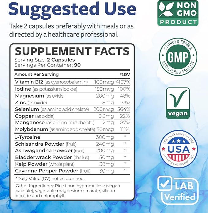 Thyroid Support with Iodine - 180 Capsules (Non-GMO) Improve Your Energy - Ashwagandha Root, Zinc, Selenium, Vitamin B12 Complex - Thyroid Health Supplement for Women and for Men - 90 Day Supply