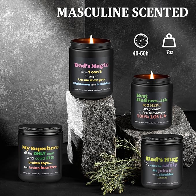 Scented Candles for Men, 4 Pack Mens Candle Christmas Gift for Dad, 28oz Candles for Home Scented - Lavender Woods/Smoke Vanilla/Vintage Oak/Leather, Gifts for Christmas, Birthday, Father’s Day
