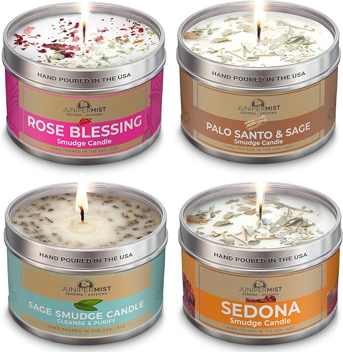 Smudge Candle Gift Set (4x6oz) – Love, Grounding, Cleansing & Awakening – Soy Wax Energy Candles – Sage, Rose, Palo Santo & Sedona – Spiritual for Protection, Intention & Healing – Made in USA