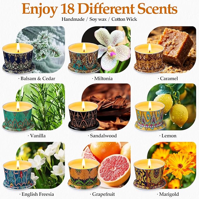 18 Pack Scented Candle Sets | Travel Aromatherapy Jar Candles | Small Soy Wax Candles with 10% Essential Oils |18 Scents Candles for Home and Travel | Gift Sets for New Year Women