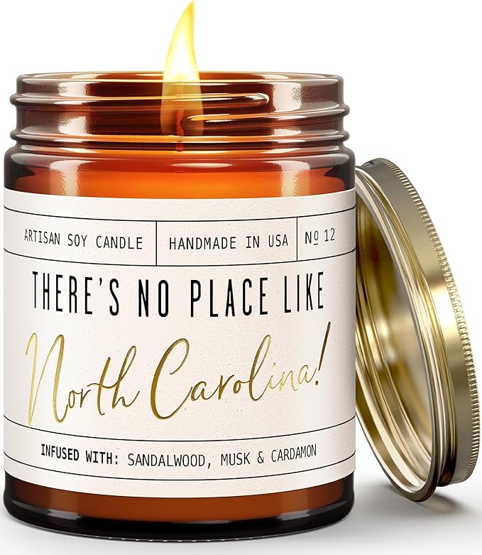 North Carolina Gifts, North Carolina Decor for Home - 'There's No Place Like North Carolina Candle, w/Sandalwood, Musk & Cardamon I North Carolina Souvenirs State Gifts I 9oz Jar, 50Hr Burn, USA Made