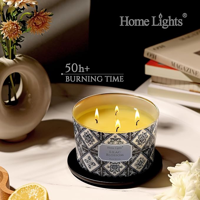 HomeLights 4-Wick Candles for Home Scented - 18oz Soy Wax Blend Candle Long-Lasting Fragrance, Bohemian Natural Textures Home Decor and Housewarming Gifts, Lilac Blossom