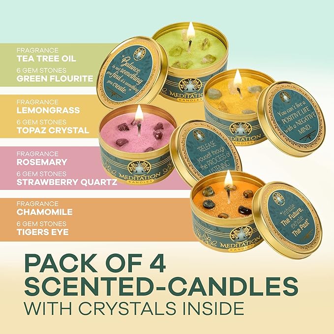 Meditation Candles with Crystals | Natural Aromatherapy Candles for Relaxation & Healing | Stress Relief Candles for Yoga, Meditation & Self Care | 4 Pack Gift Set