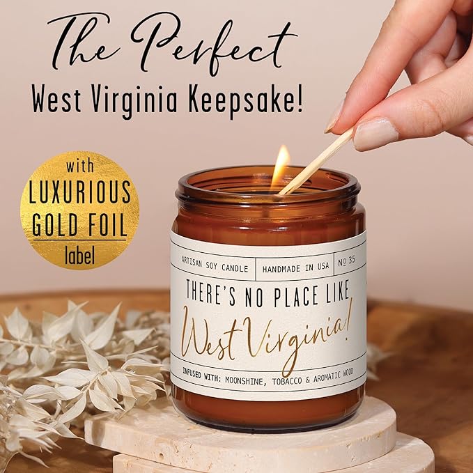 West Virginia Gifts, West Virginia Decor for Home - 'There's No Place Like West Virginia Candle, w/Tobacco, Vanilla & Bourbon I West Virginia Souvenirs State Gifts I 9oz Jar, 50Hr Burn, USA Made