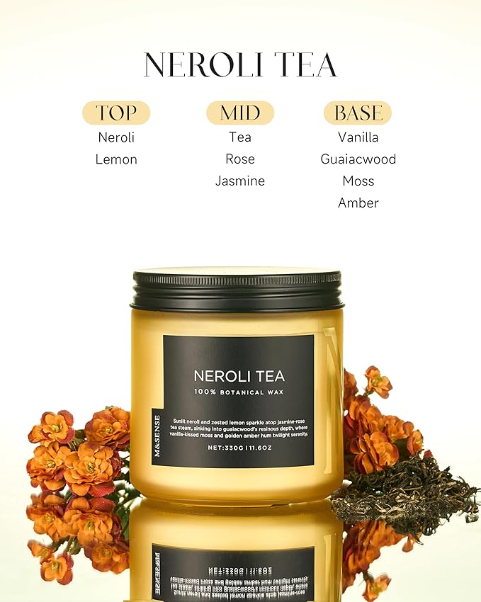 M&SENSE Neroli Tea Scented Candle - 11.6oz Natural Soy Wax Non Toxic 70-Hour Burn, 2-Wick Citrus Scent Candle for Stress Relief & Relaxation - Slow-Burning Home Fragrance Gift for Holiday