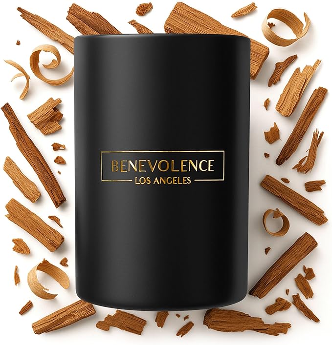 Benevolence LA Santal Scented Candle | Soy Christmas Candles, Black Candle for Home | Holiday Candles Gifts for Women and Men | Home Fragrance | Aromatherapy | Bathroom Freshener | 10oz