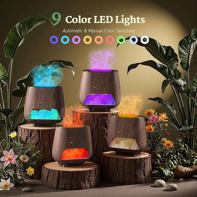 Essential Oil Diffuser for Home - Aromatherapy Diffuser with Pure Himalayan Pink Salt Rock, 200ml Wood Grain Scent Diffuser, Cool Mist Humidifier with 9 Colors LED Light for Bedroom, Black