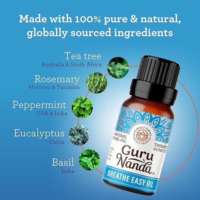GuruNanda Breathe Easy Essential Oil, Blend of 100% Natural & Pure Essential Oils, Aromatherapy Blend for Helps in Promoting Nasal Breathing (2X0.5 Fl Oz)