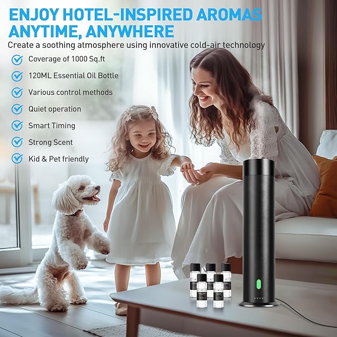 Waterless Scent Diffuser Starter Kit - 1000 Sq Ft Coverage, Hotel Scent Diffuser, Essential Oil Diffuser Large Room, Included 5 Scent Oils, Remote Control, Black, 11.30In