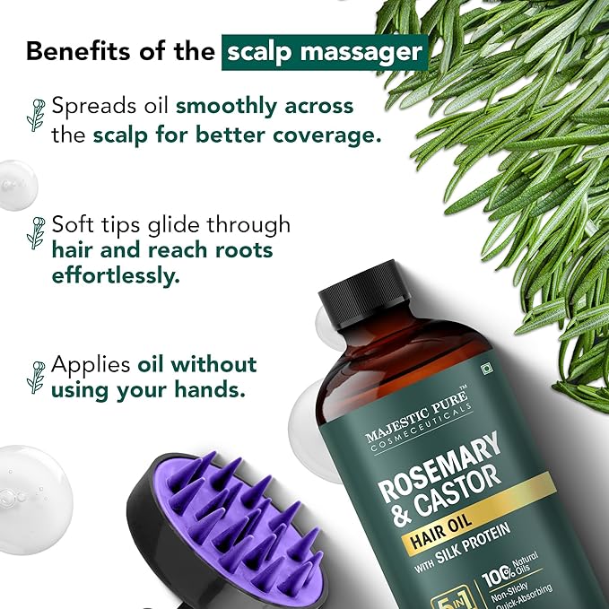 Majestic Pure 100% Pure Rosemary Oil For Hair Growth with Scalp Massager - Strengthening, Nourishing, Volumizing - Infused with Silk Protein & Castor Oil - Non GMO Verified - 4 Fl Oz