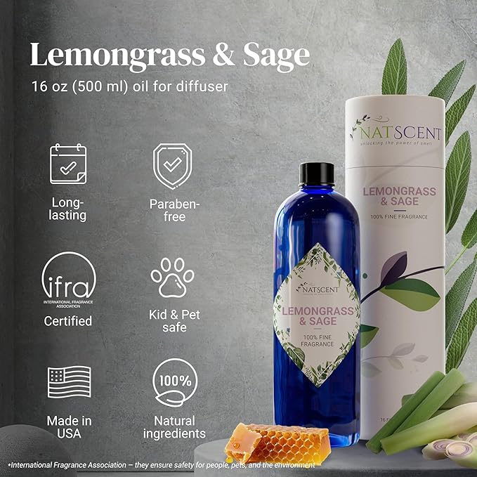 Lemongrass & Sage Essential Oils for Diffusers for Home, Nature-derived Essential Oil, Long-Lasting & Family-Friendly Diffuser Oils Scents, IFRA Certified, Cold Air & Ultrasonic - 16 oz