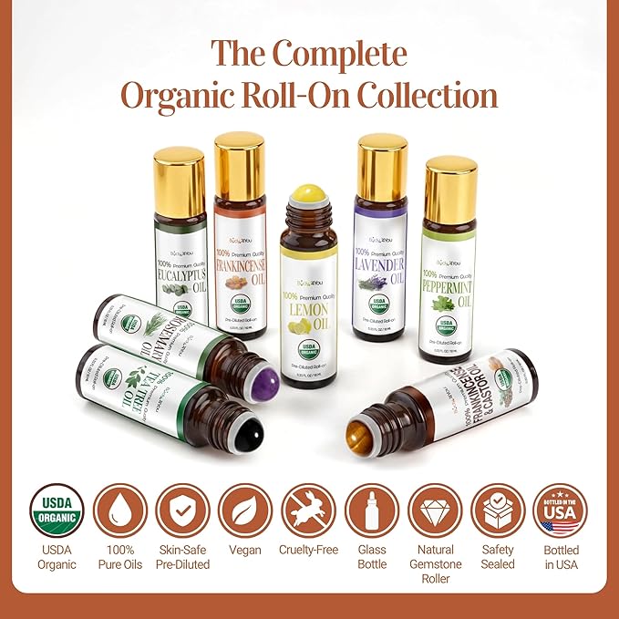 BodyJ4You Frankincense Essential Oil Roll On - Pure 100% USDA Organic MCT Coconut Oil - Natural Green Aventurine Stone Roller - Skin Care Grounding Pulse Point - Amber Glass Bottle Rollerball (10ml)