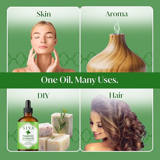 Siva Peppermint Arvensis Essential Oil - 4 Fl Oz – 100% Natural Peppermint Arvensis Oil - for Diffuser, Face, Skin Care, Aromatherapy, Hair Care, Scalp and Body Massage - with Dropper
