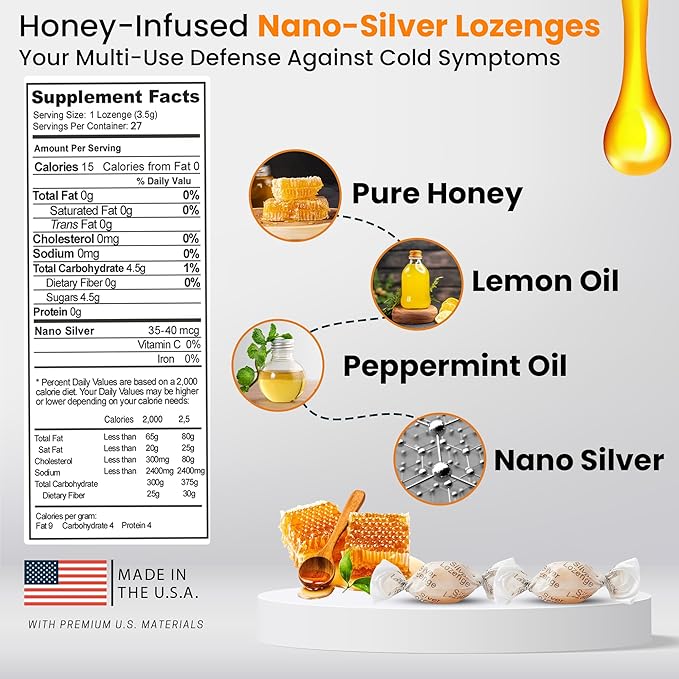OPTIVIDA Nano Colloidal Silver Lozenges 60 PPM - Organic Cough Drops for Adults - Soothing Natural Honey Sore Throat Lozenges for Immune Support - Cold & Cough Relief Formula for Adults & Kids - 27ct