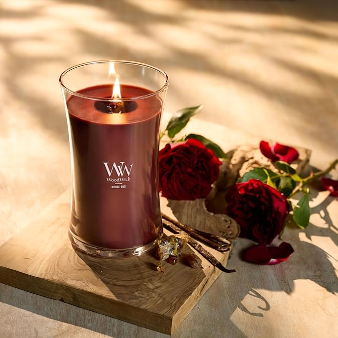 WoodWick Rouge Oud Gifts for Women and Men, 21.5 oz Large Hourglass Candle with Crackling Wick