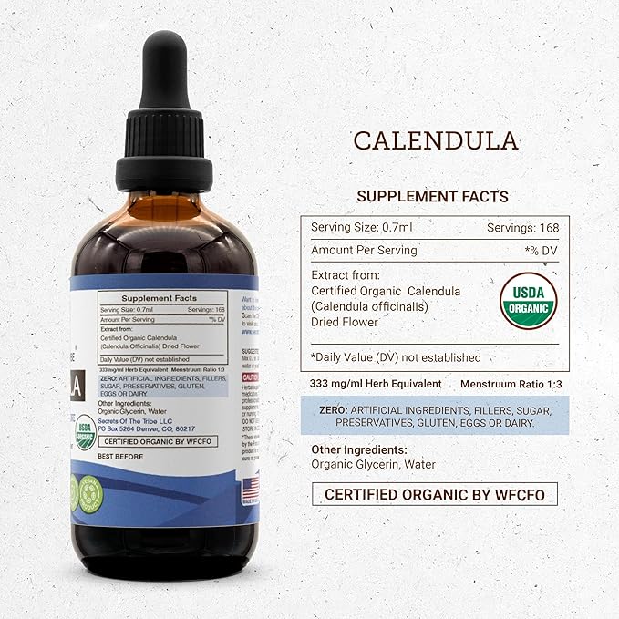 Secrets of the Tribe Calendula USDA Organic | Alcohol-Free Extract, High-Potency Herbal Drops | Made from 100% Certified Organic Calendula (Calendula Officinalis) Dried Flower (4 oz)